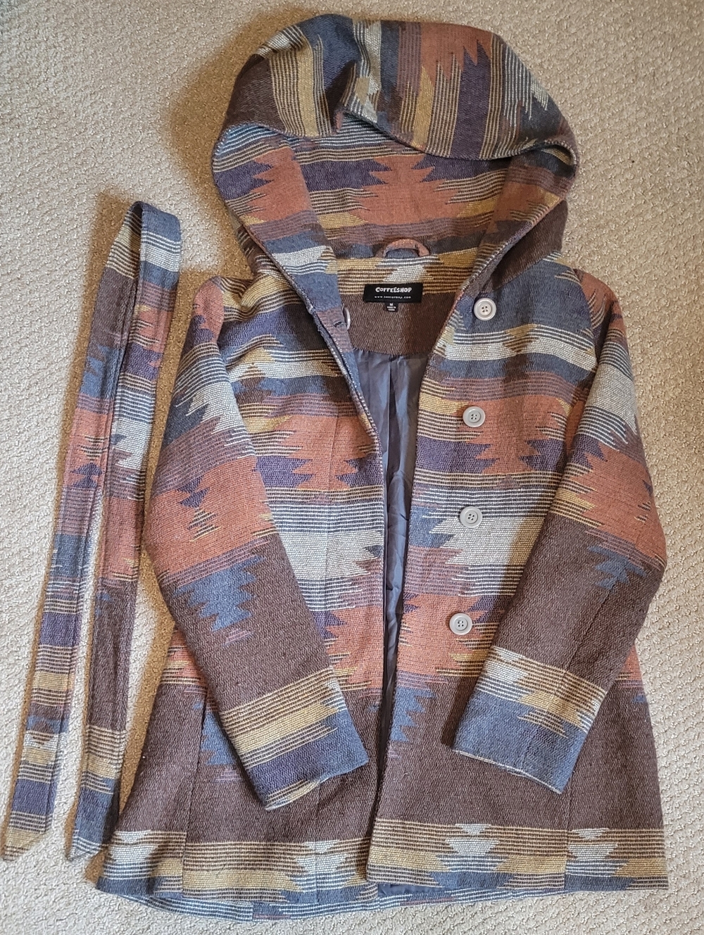 Coffee Shop Southwestern Wool Blend Hooded And Belted Jacket Size M